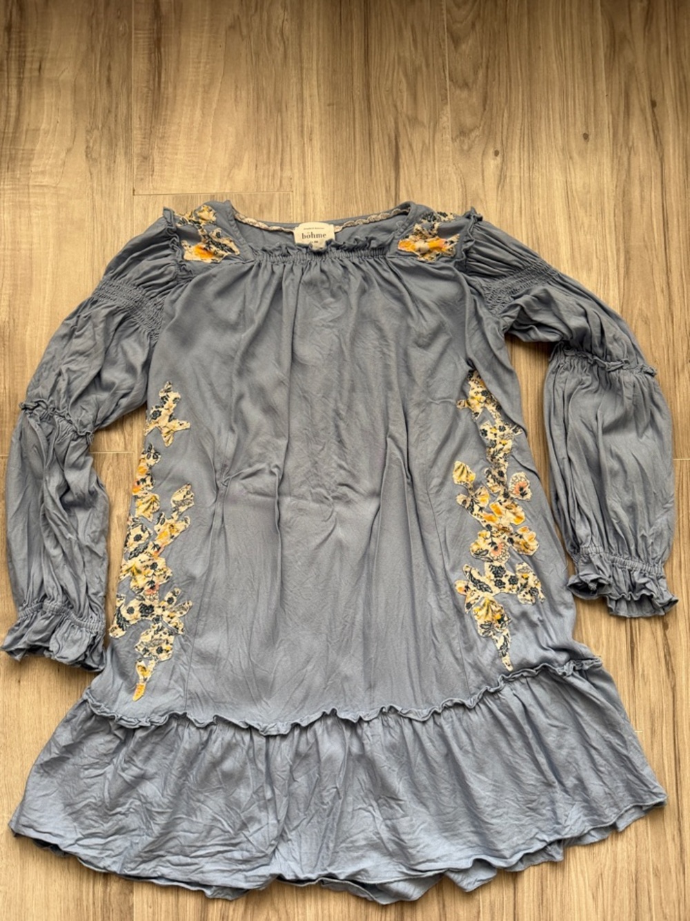 bohme Dusty Blue Embroidered Floral Peasant Dress